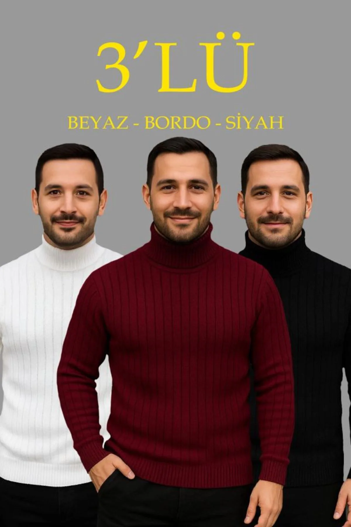 Erkek Fitilli Triko Kazak 3lÜ Set Beyaz Bordo Siyah Regular Balık