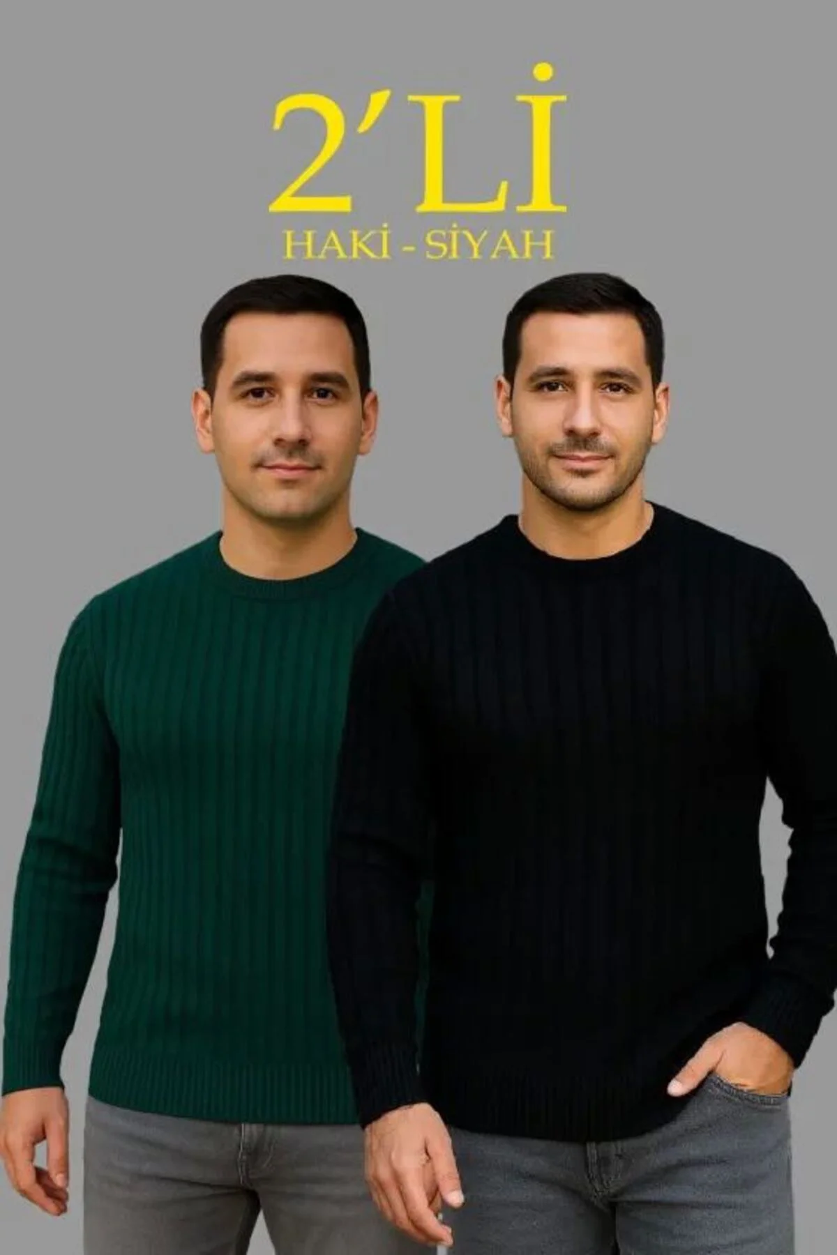 Erkek Fitilli Triko Kazak 2’li Set Siyah Haki Kalın Dokuma Pamukl