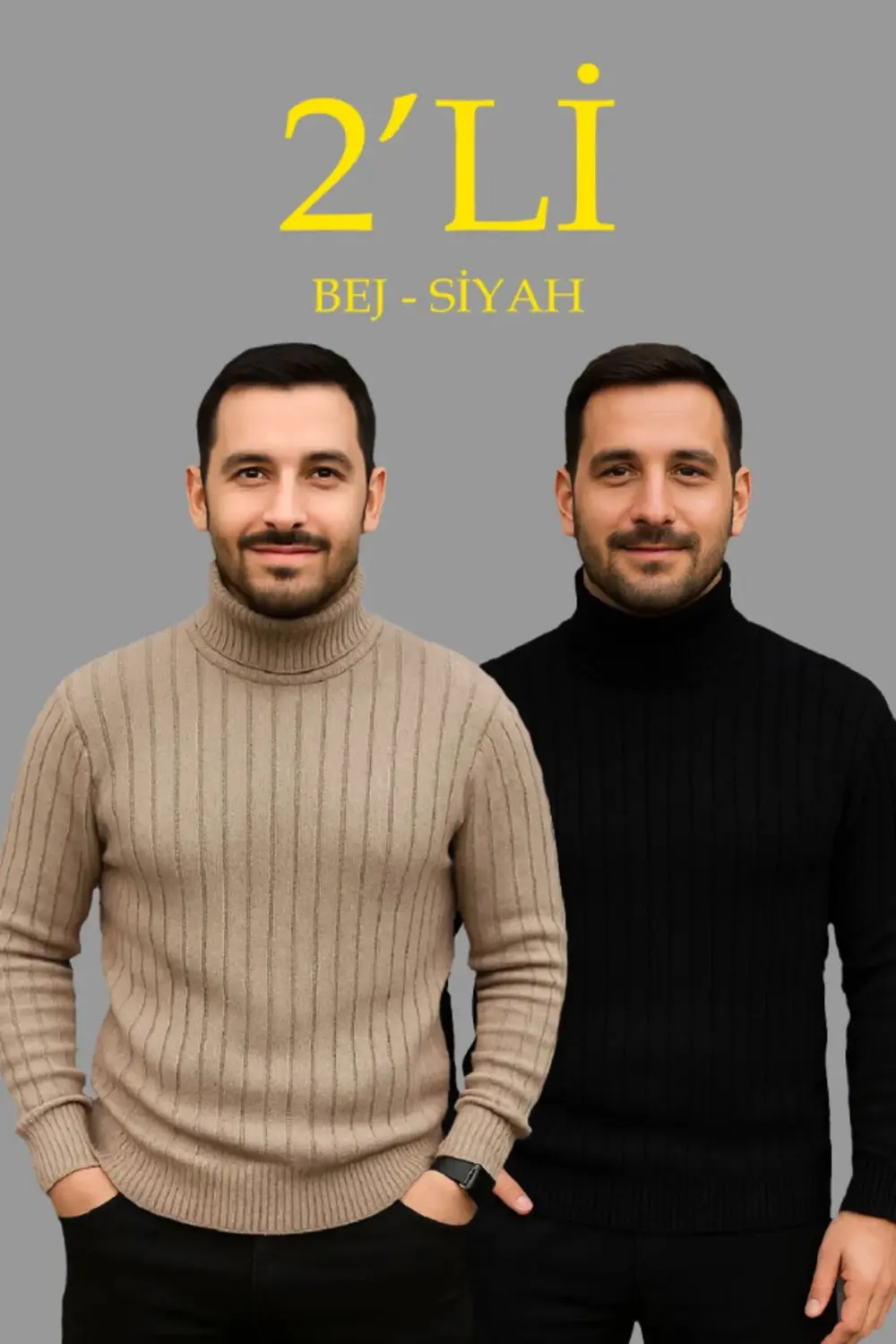 Erkek Fitilli Triko Kazak 2li Set Bej Siyah Regular Balıkcı Yaka