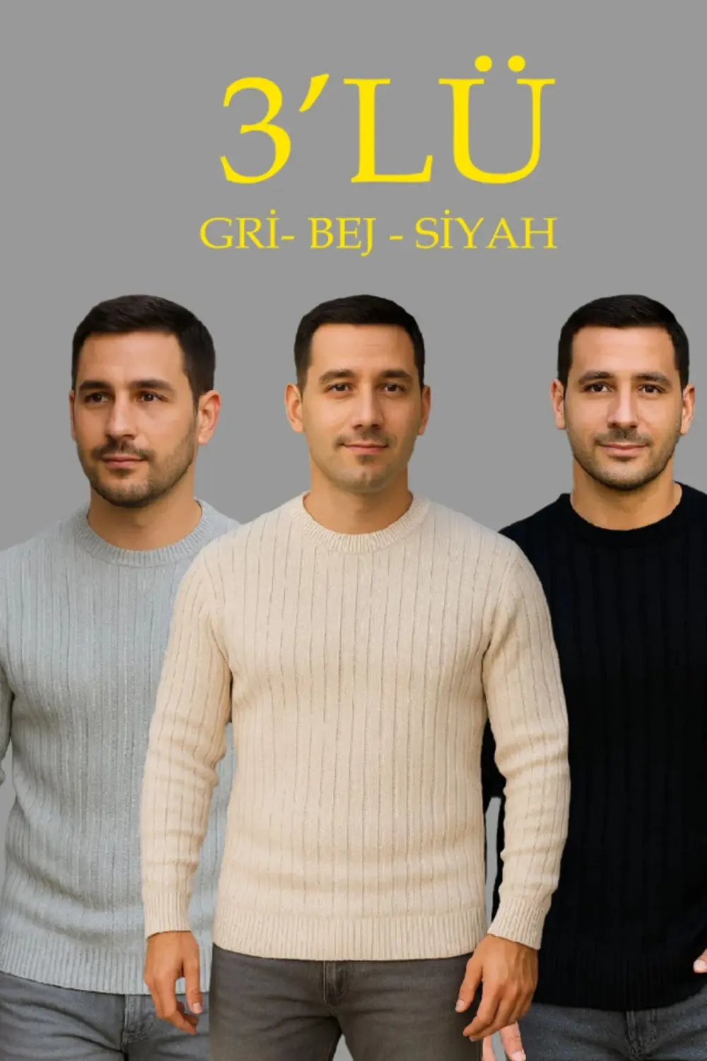 Erkek Fitilli Triko Kazak 3lü Set Bej Gri Siyah Regular Fit Bisik