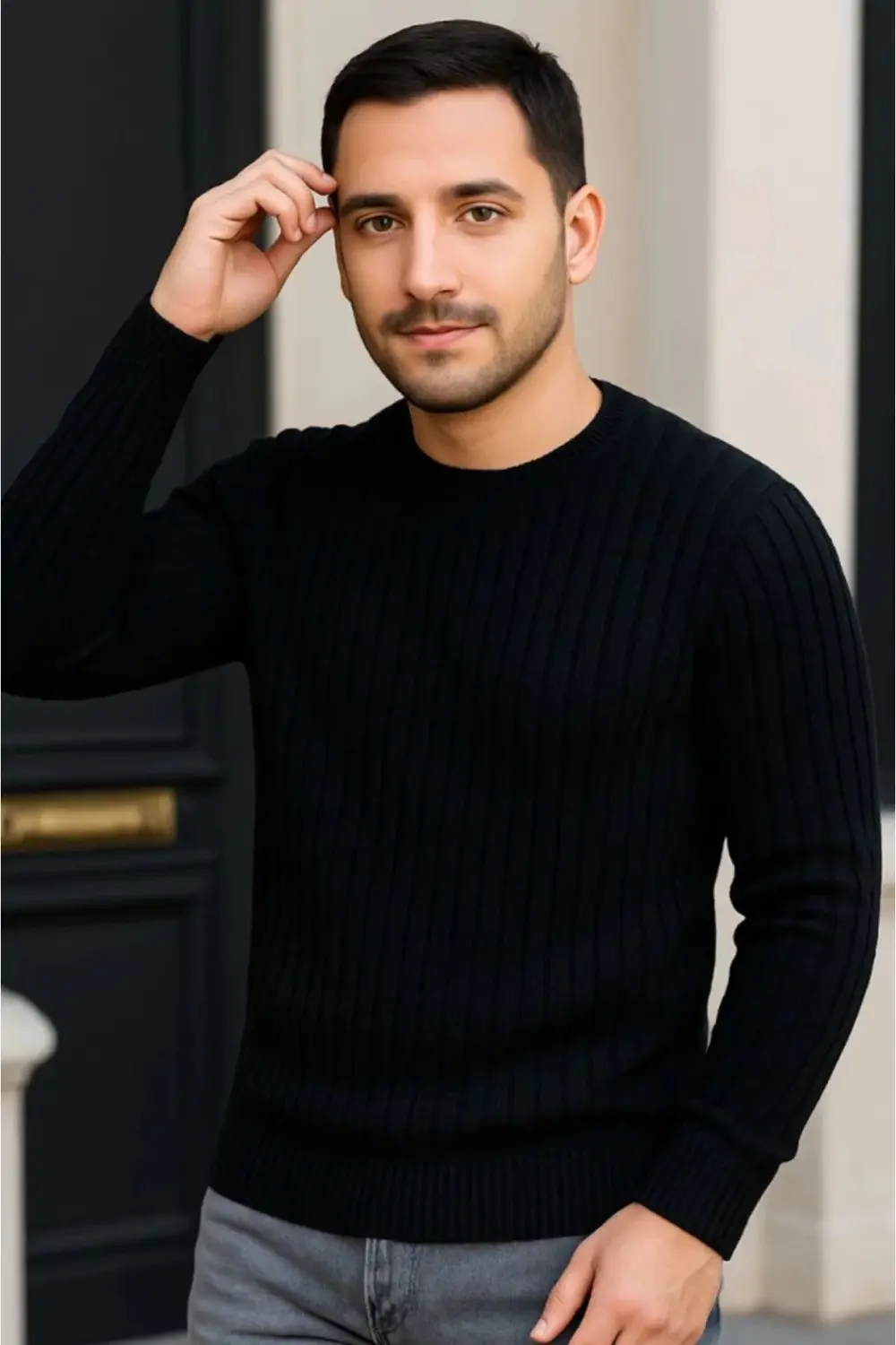 Erkek Fitilli Triko Kazak 3lü Set Beyaz Bordo Siyah Regular Fit B