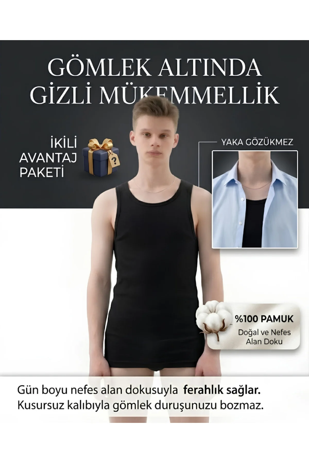 Erkek Gömlek Altından Gözükmeyen Atlet 2'li Paket SİYAH+LACİVERT