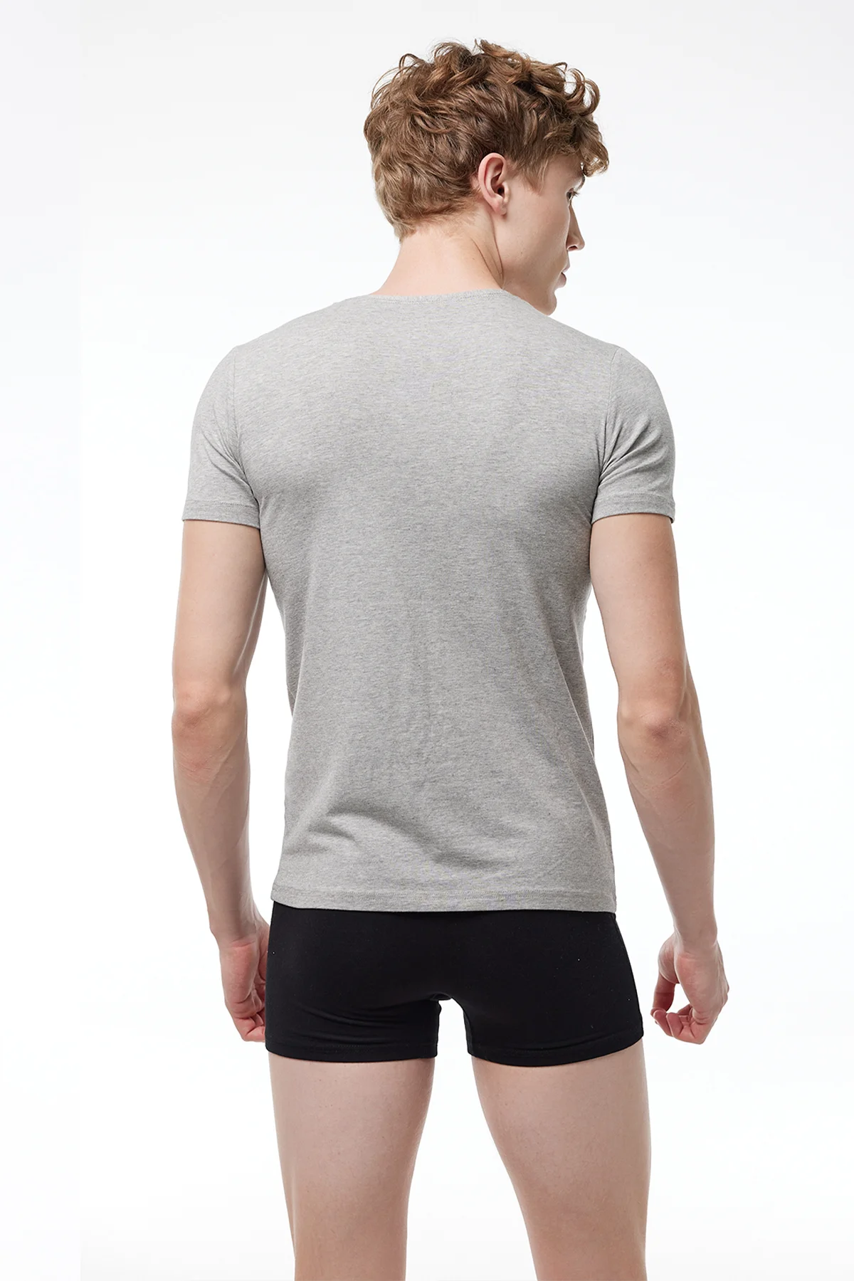 Erkek Gri 2 Li V Yaka Kısa Kollu Pamuk Elastan Fanila T-shirt 092