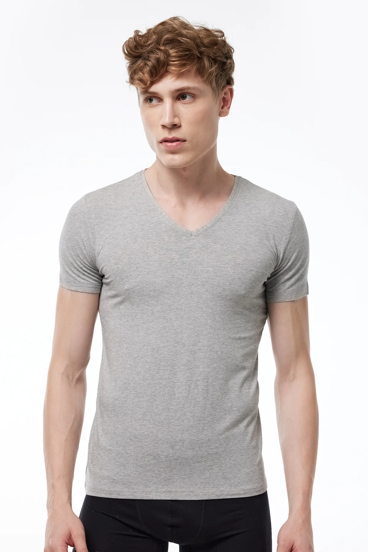 Erkek Gri 2 Li V Yaka Kısa Kollu Pamuk Elastan Fanila T-shirt 092