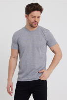 Erkek Gri Slim Fit Bisiklet Yaka Kısa Kollu Pamuklu Tişört - GRİ