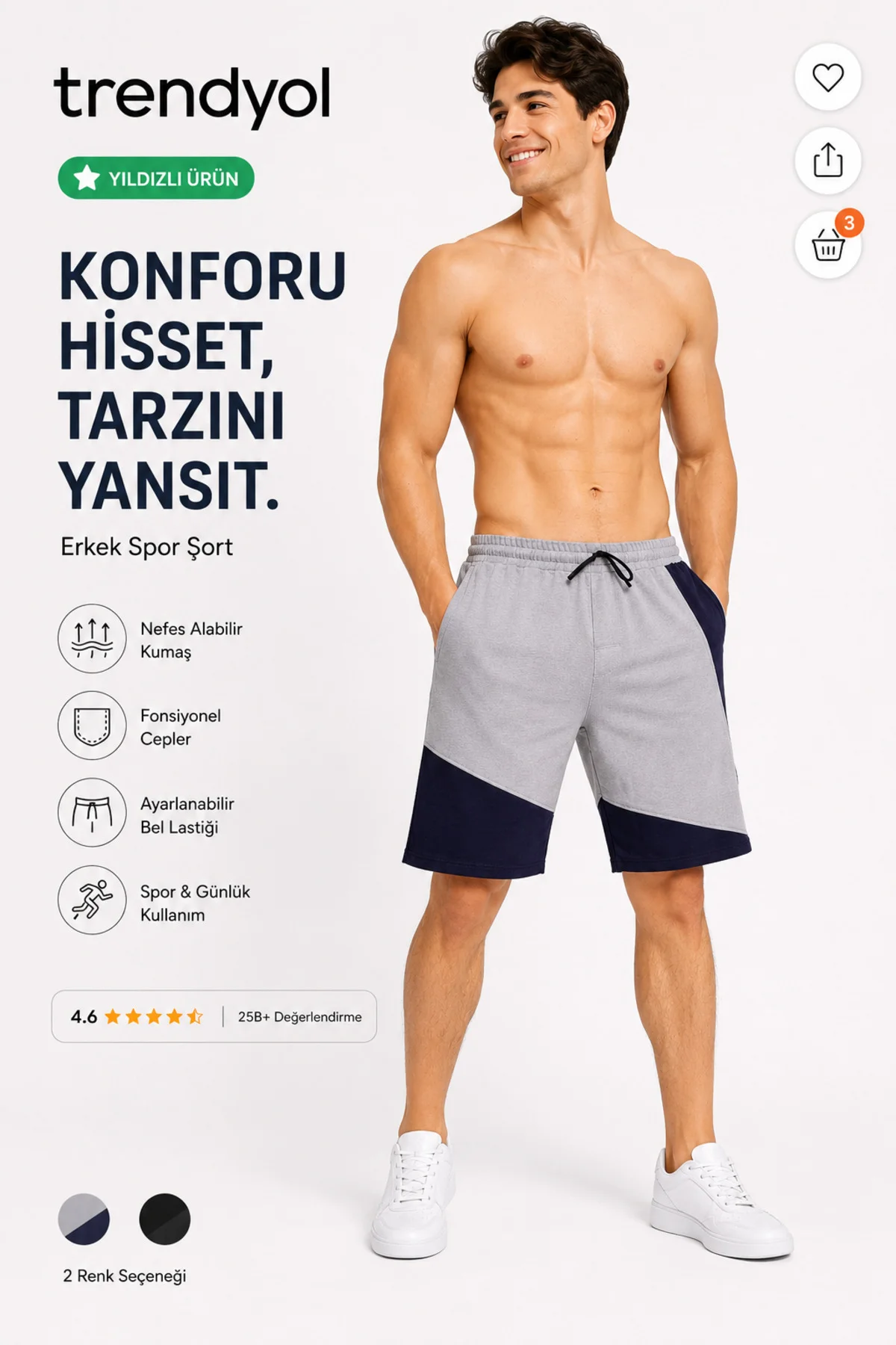 Erkek Gri Spor Şort - Günlük Konfor ve Dinamik Stil