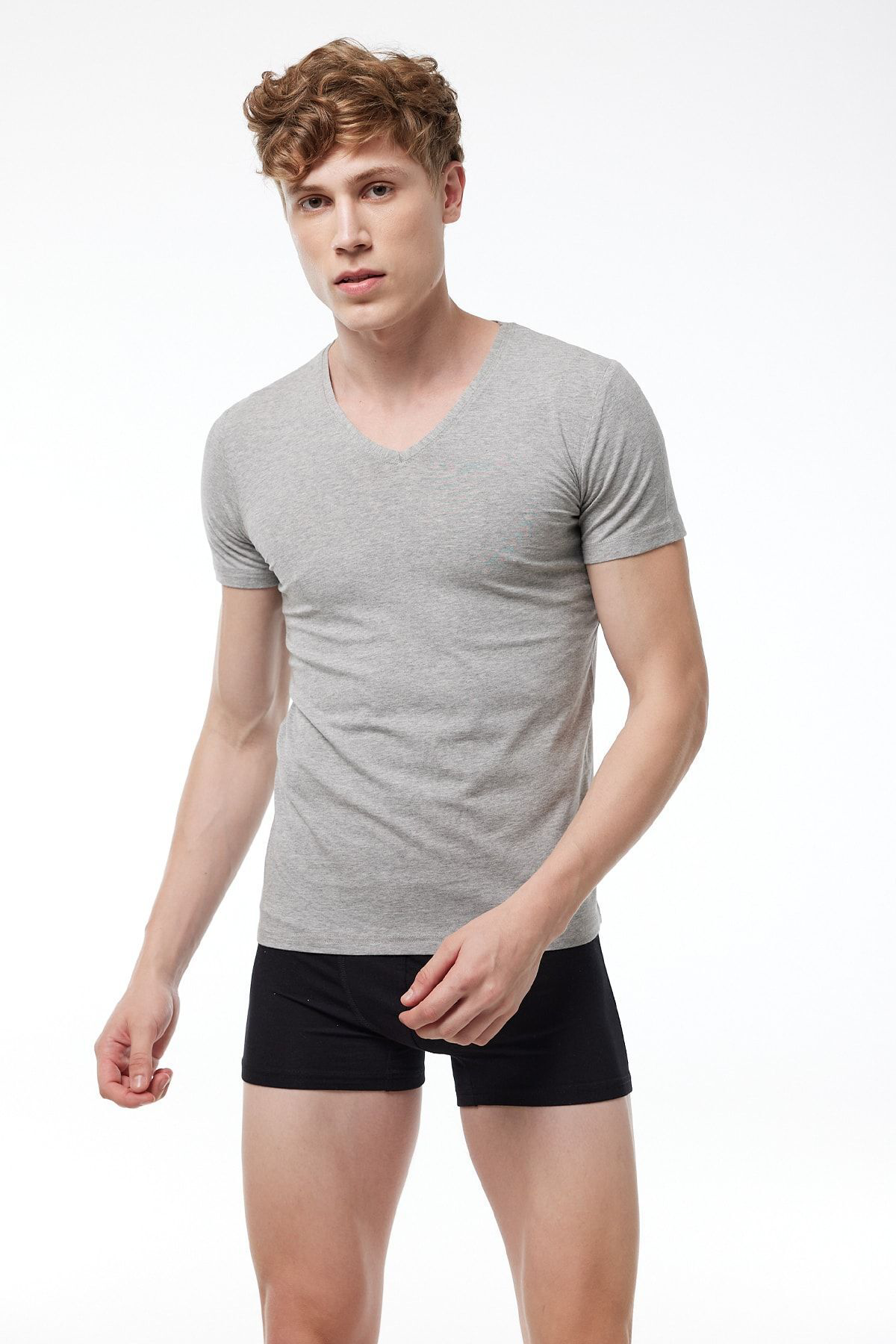 Malabadi Erkek Gri V Yaka Kısa Kollu Modal T-Shirt Body 032