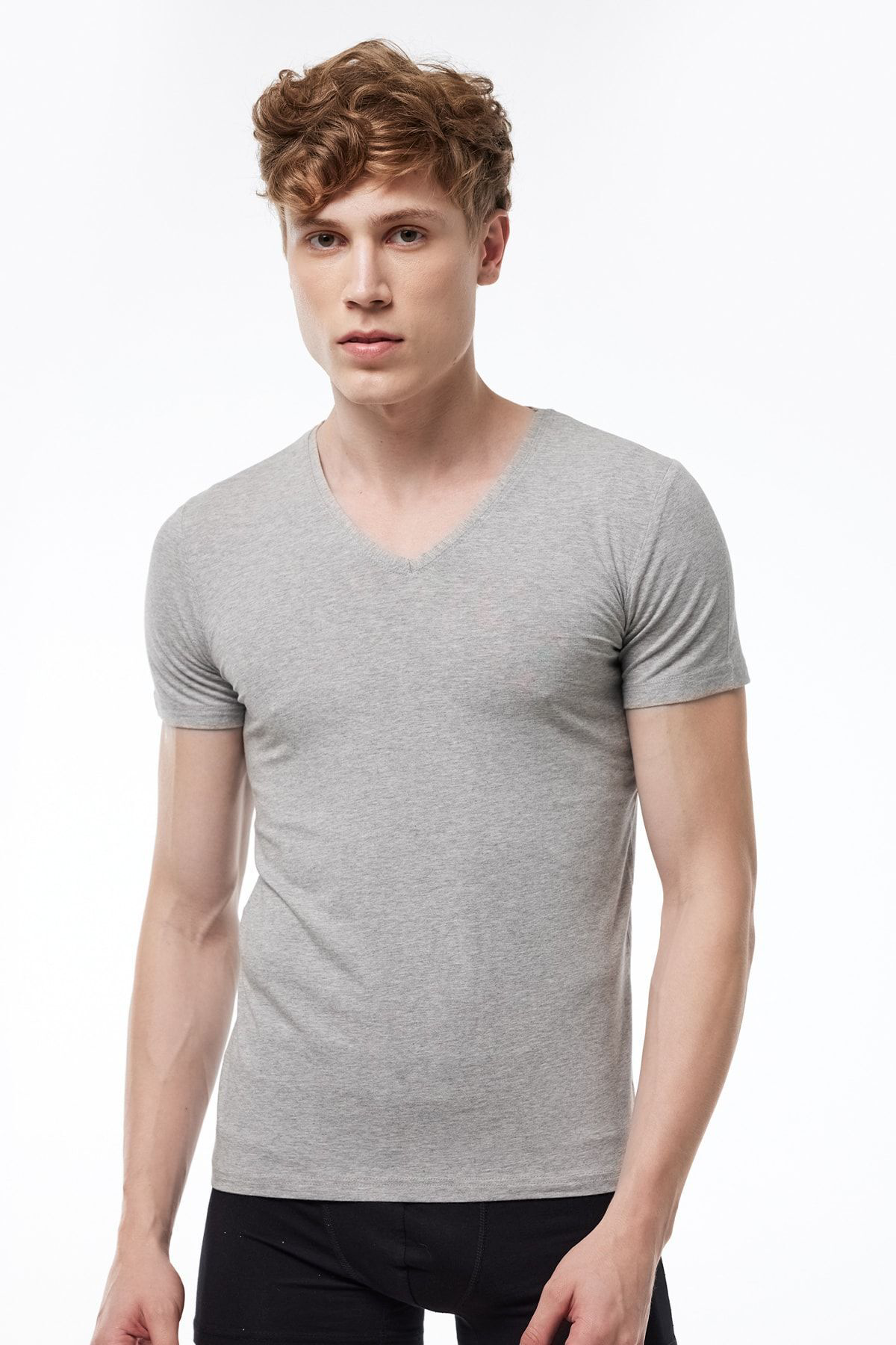 Malabadi Erkek Gri V Yaka Kısa Kollu Modal T-Shirt Body 032