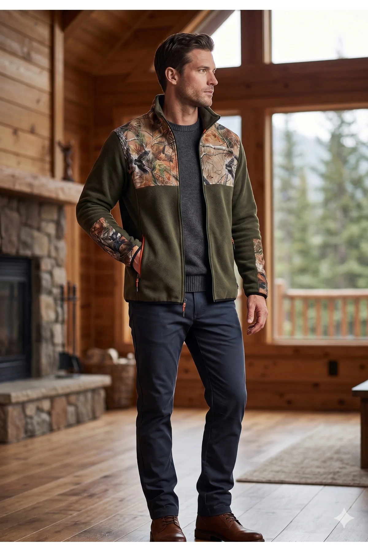 Erkek Haki Çulluk Desenli Polar Mont Avcı Kamuflaj Outdoor Ceket