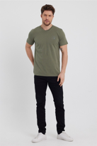 Erkek Haki Slim Fit Bisiklet Yaka %100 Pamuk Kısa Kollu Pamuklu T