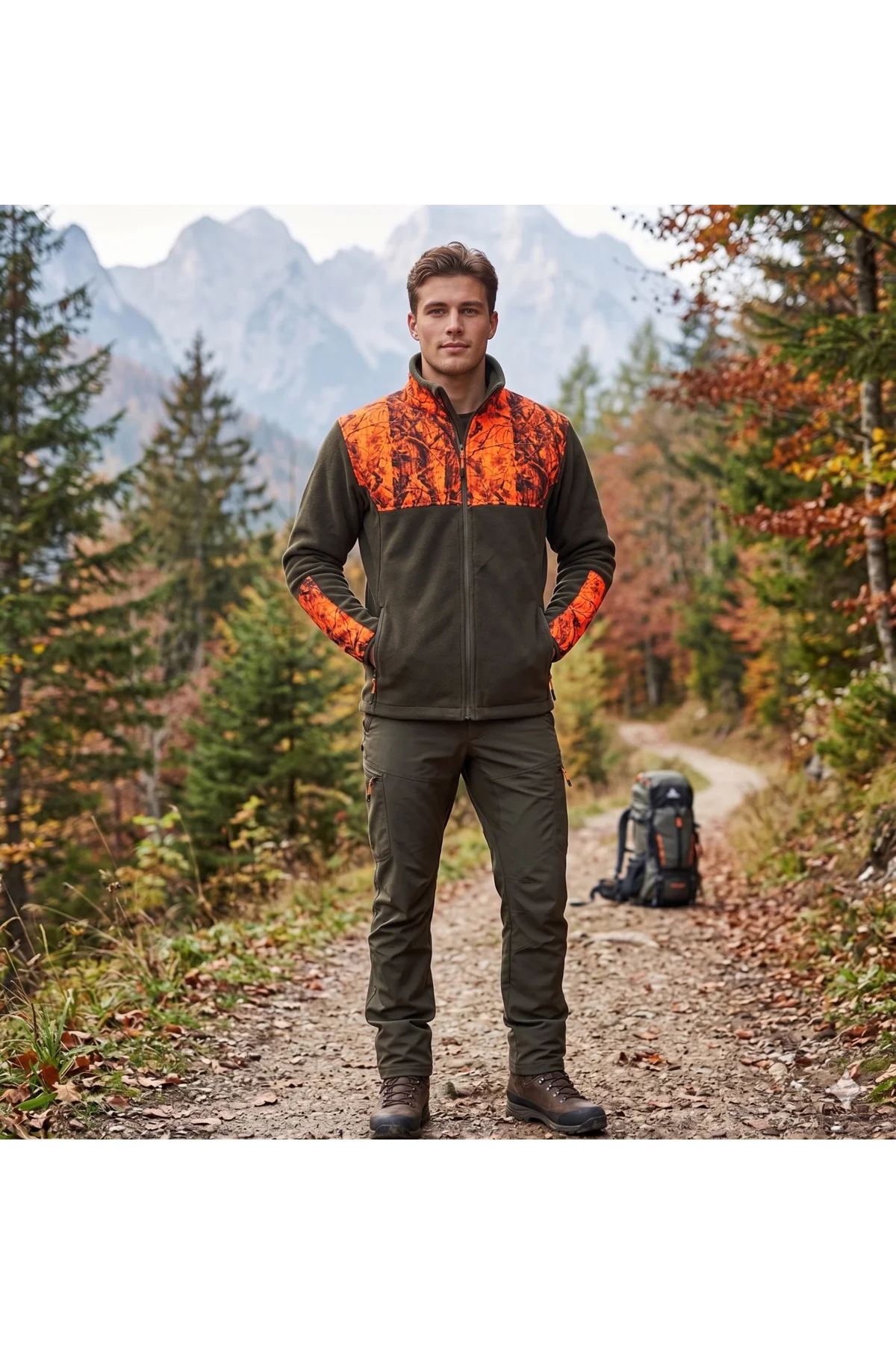 Erkek Haki Turuncu Saz Desenli Polar Mont Avcı Balıkçı Outdoor Ce