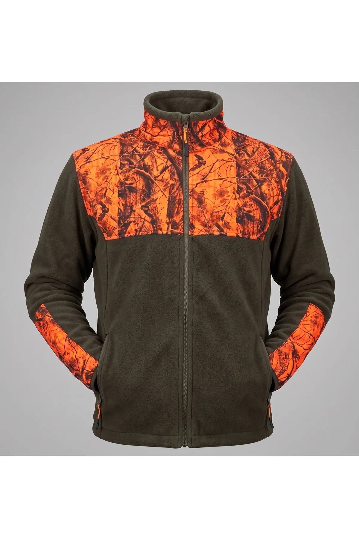 Erkek Haki Turuncu Saz Desenli Polar Mont Avcı Balıkçı Outdoor Ce