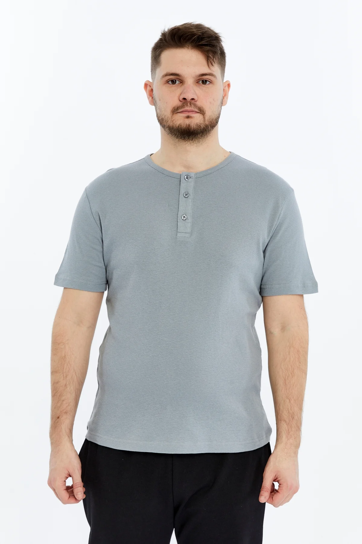 Erkek Henley Yaka %100 Pamuklu Dokulu Kumaştan Kısa Kollu Günlük 