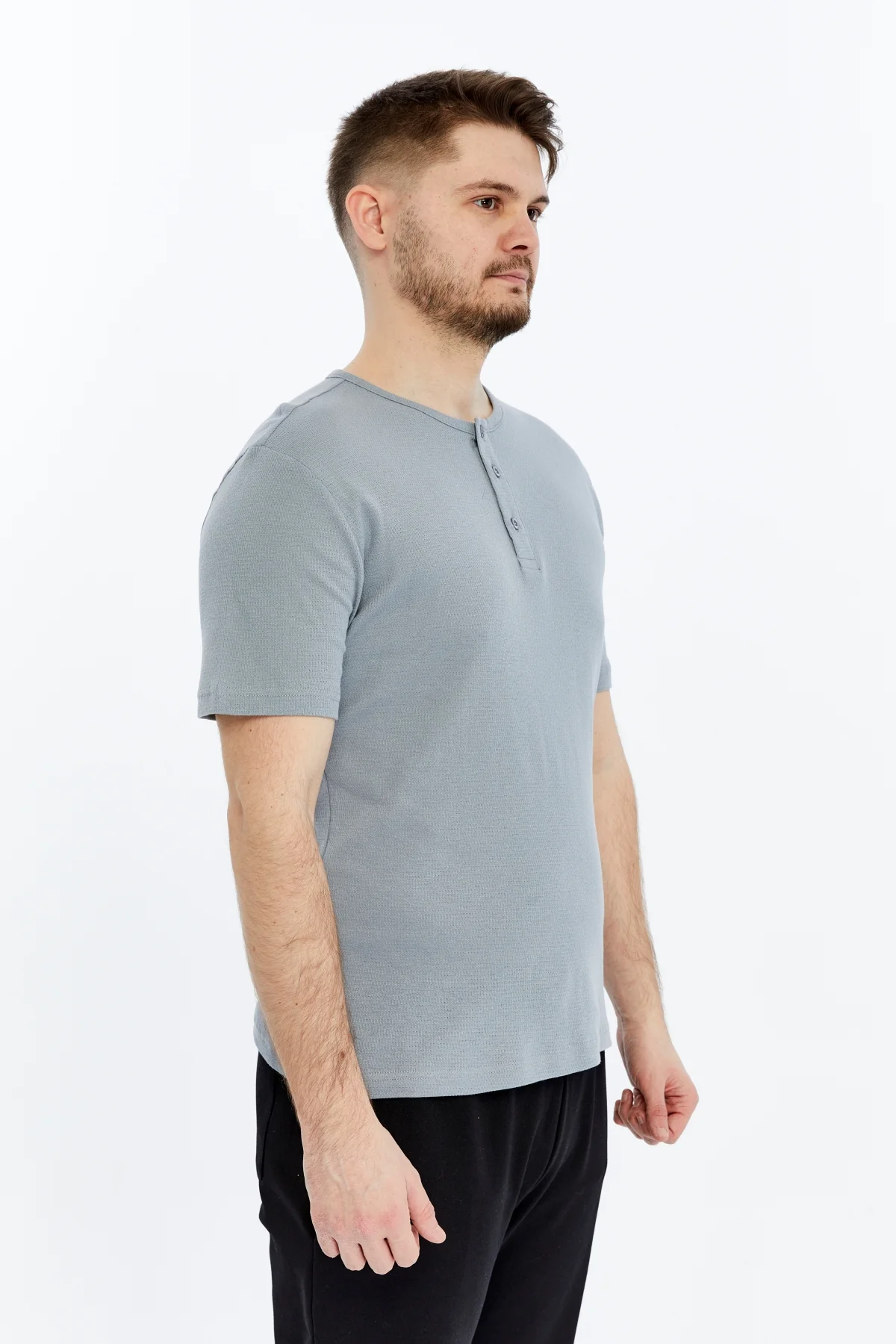 Erkek Henley Yaka %100 Pamuklu Dokulu Kumaştan Kısa Kollu Günlük 