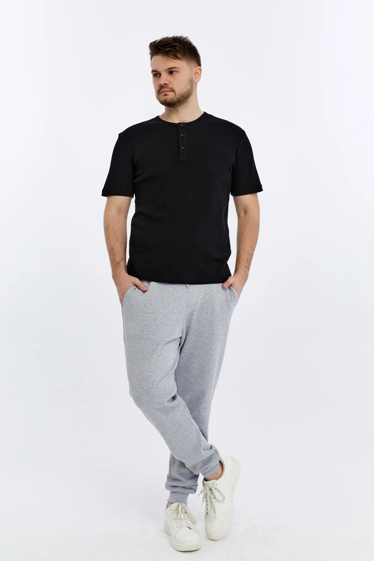 Erkek Henley Yaka %100 Pamuklu Rahat Kesim Günlük Basic 2'li Tişö