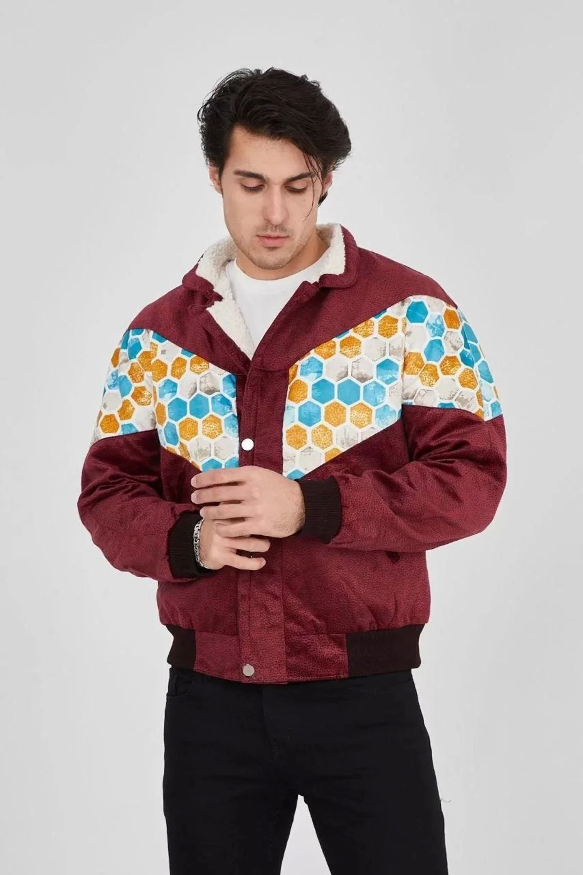 Erkek İçi Astarlı İçten Yaka Kısmı Peluşlu Beyaz Şeritli Vintage