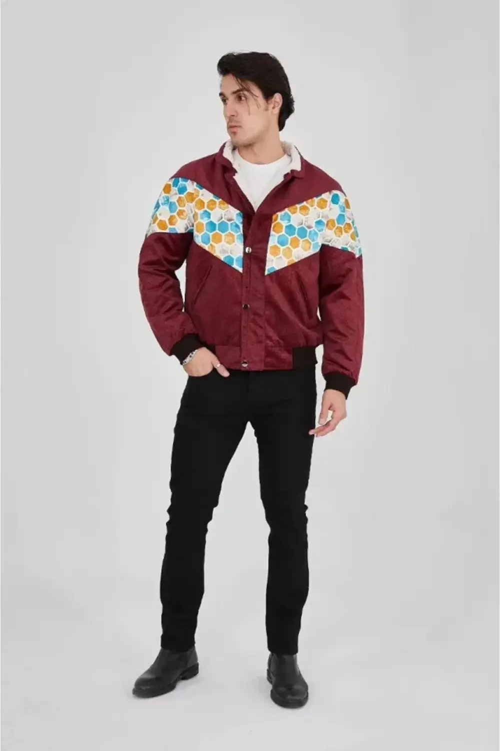 Erkek İçi Astarlı İçten Yaka Kısmı Peluşlu Beyaz Şeritli Vintage