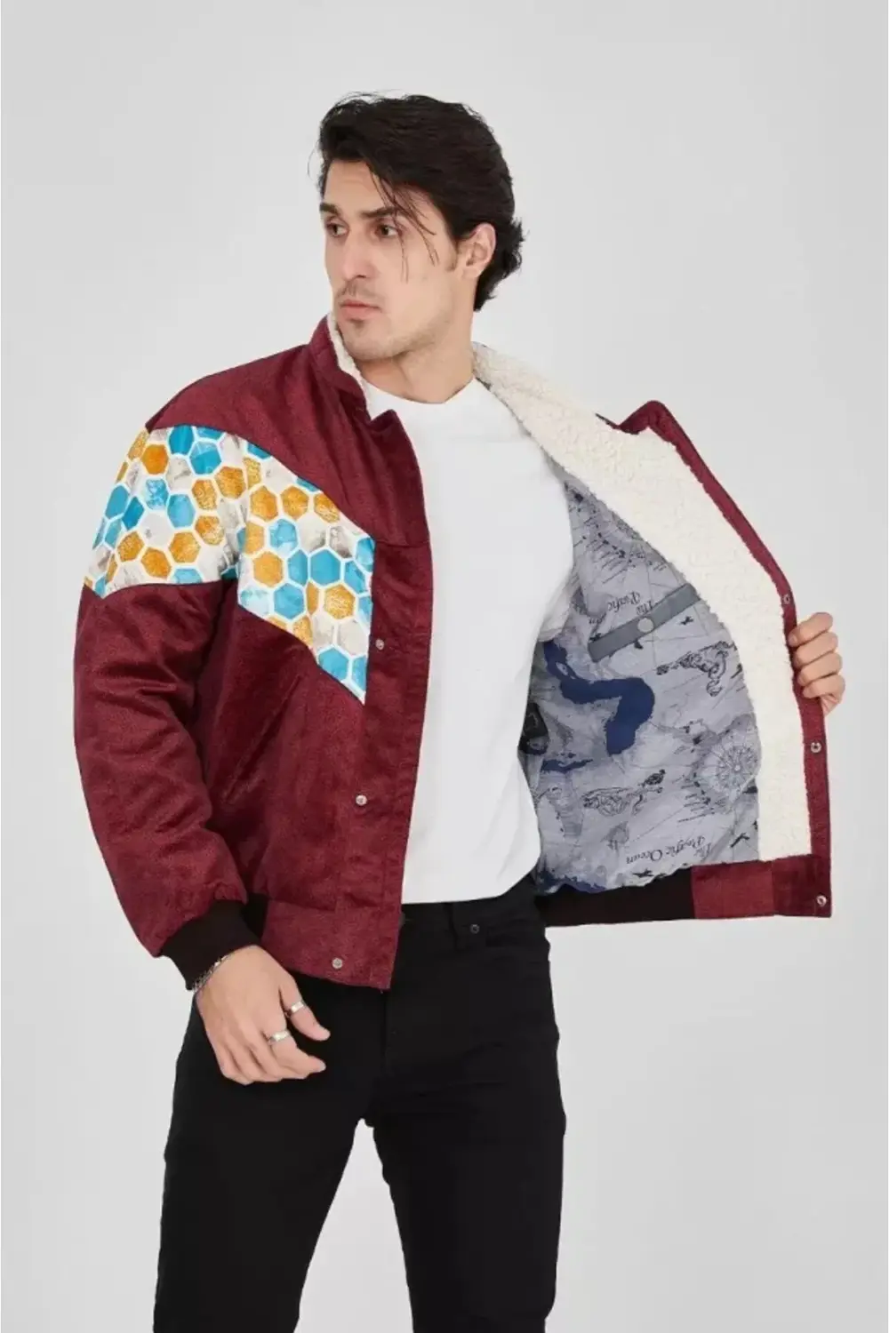 Erkek İçi Astarlı İçten Yaka Kısmı Peluşlu Beyaz Şeritli Vintage