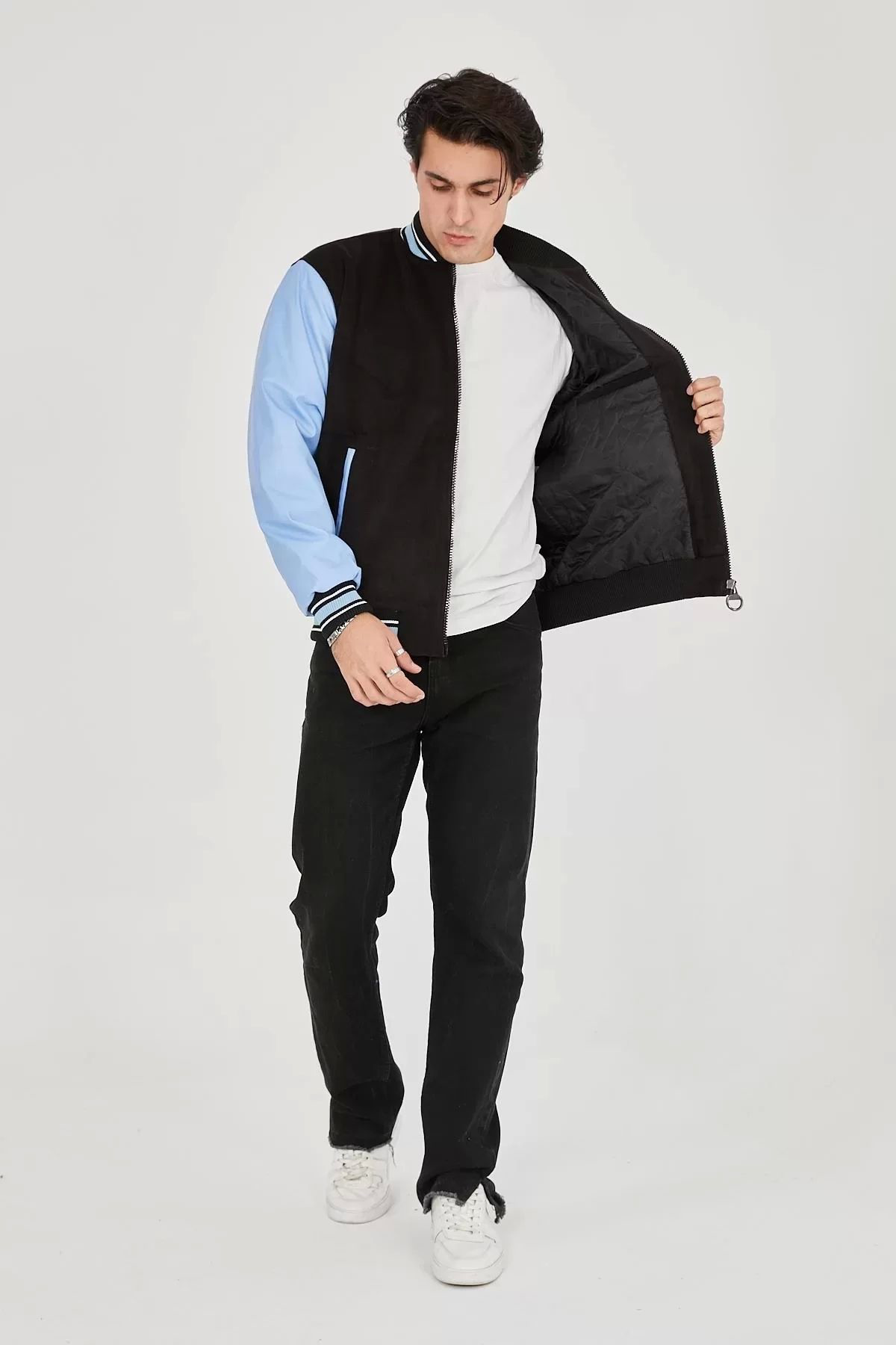 Beste Gürel Erkek İçten Elyaf Ve Astarlı Kolları Suni Deri Ceket - Mavi