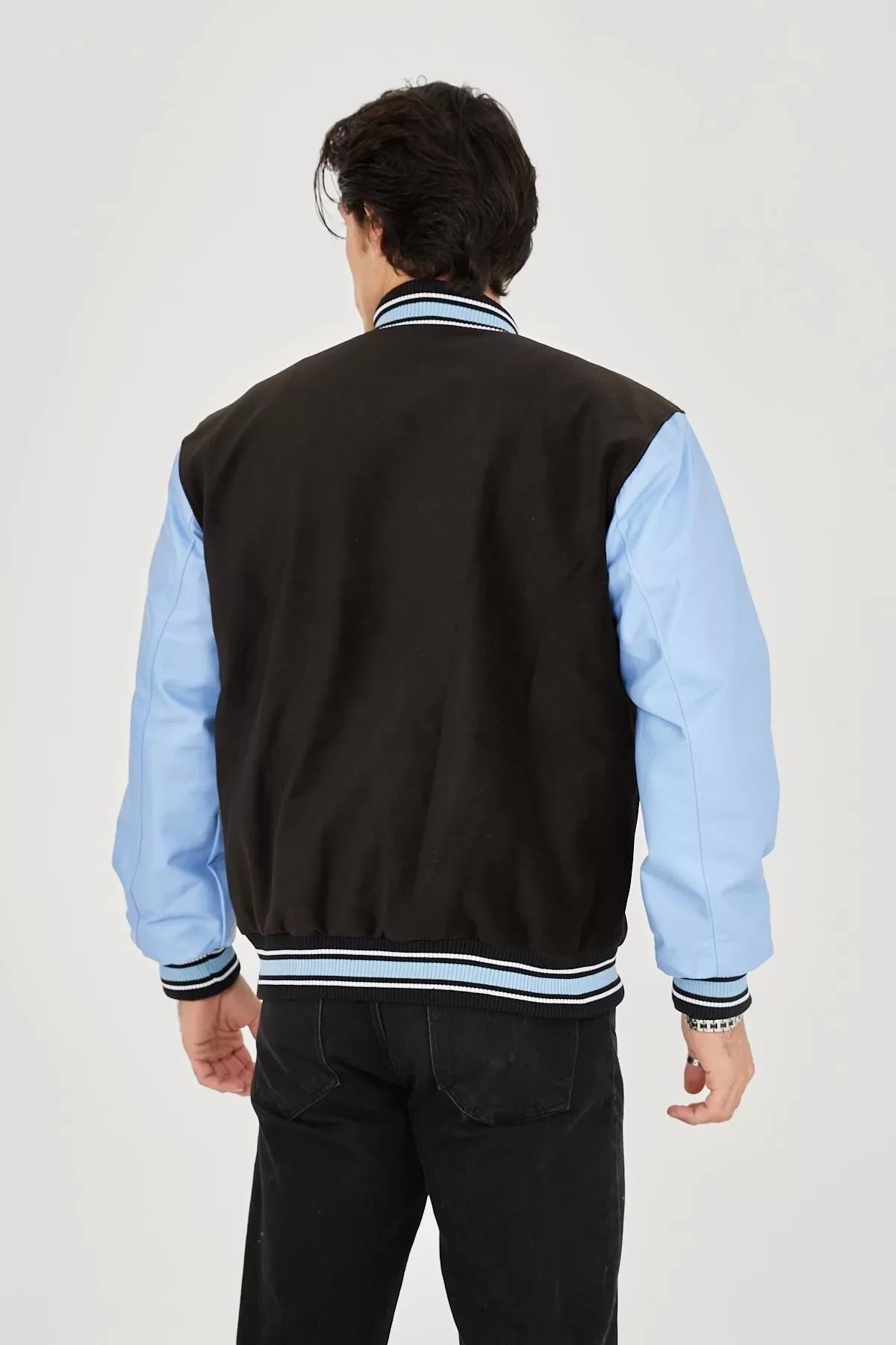 Beste Gürel Erkek İçten Elyaf Ve Astarlı Kolları Suni Deri Ceket - Mavi