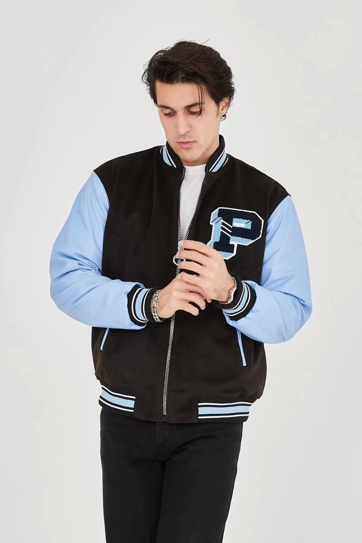 Beste Gürel Erkek İçten Elyaf Ve Astarlı Kolları Suni Deri Ceket - Mavi