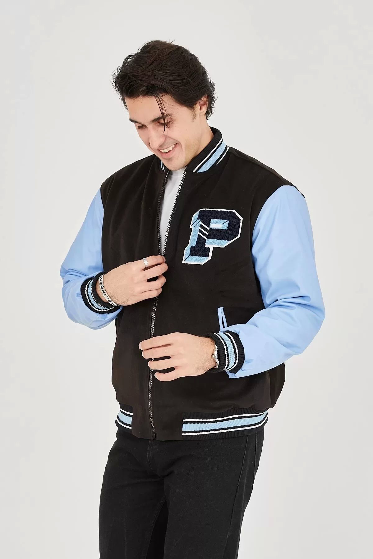 Beste Gürel Erkek İçten Elyaf Ve Astarlı Kolları Suni Deri Ceket - Mavi