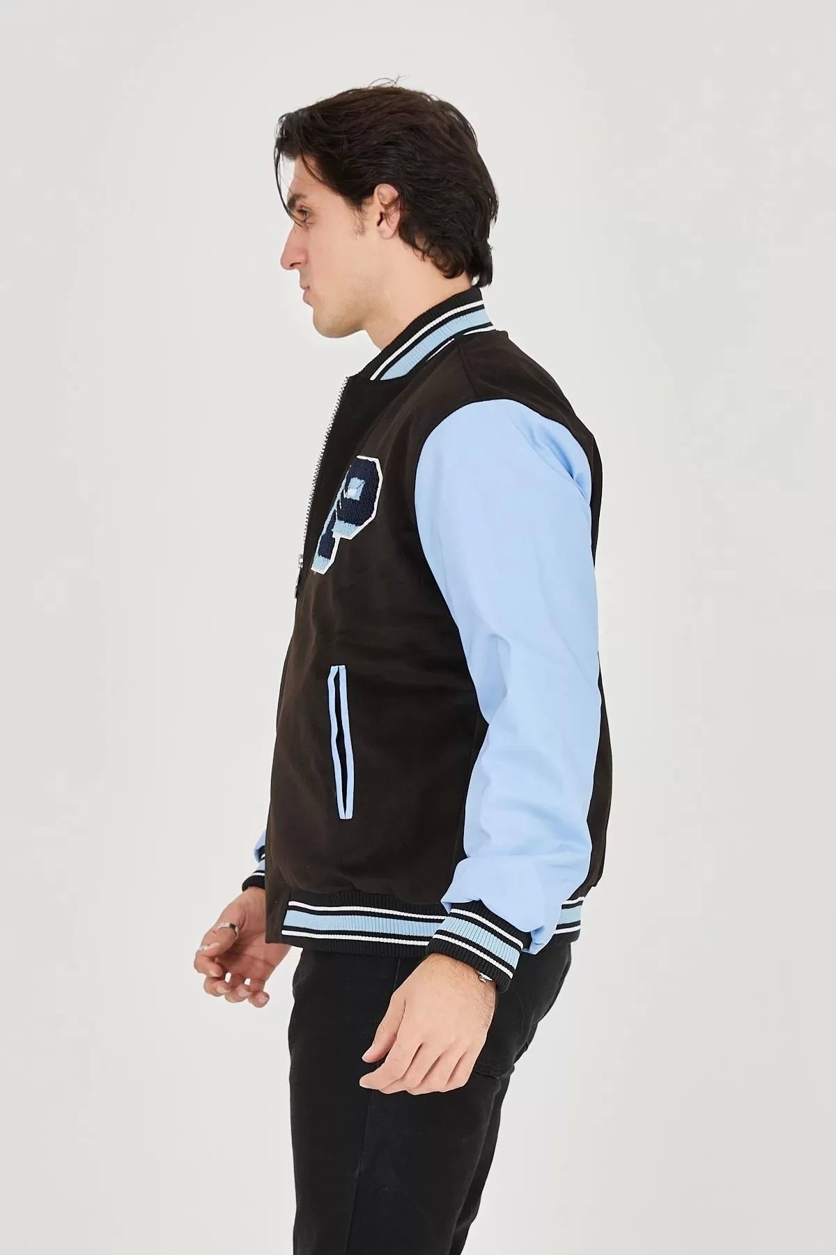 Beste Gürel Erkek İçten Elyaf Ve Astarlı Kolları Suni Deri Ceket - Mavi