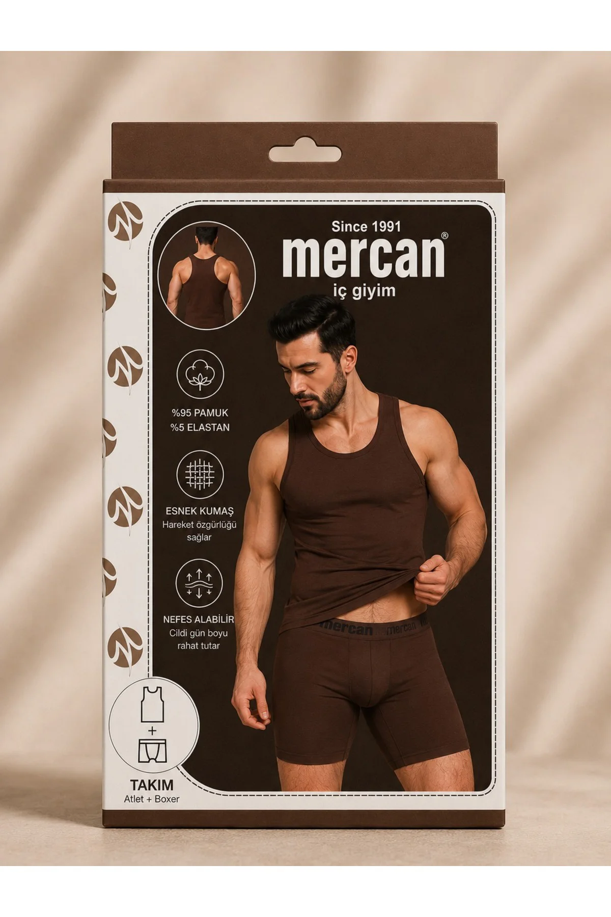 Erkek Kahverengi Takım Özel Kutuda Uzun Kesim Boxer + Sporcu Atlet