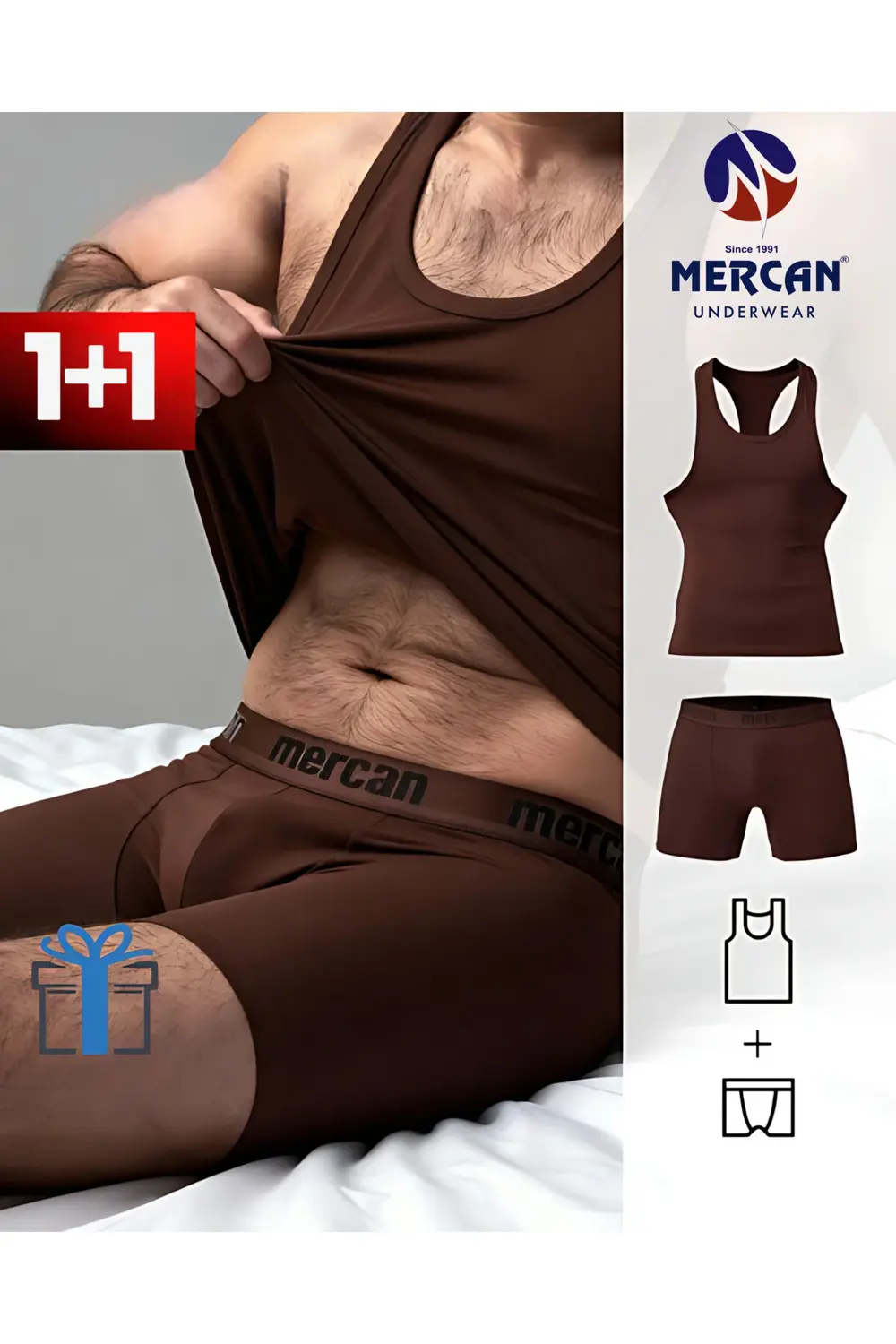 Erkek Kahverengi Takım Özel Kutuda Uzun Kesim Boxer + Sporcu Atle