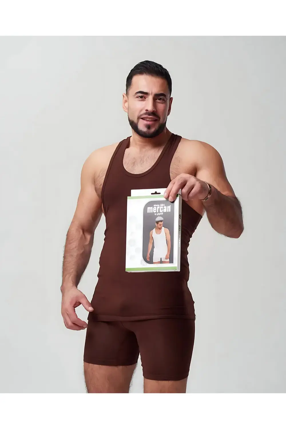 Erkek Kahverengi Takım Özel Kutuda Uzun Kesim Boxer + Sporcu Atle