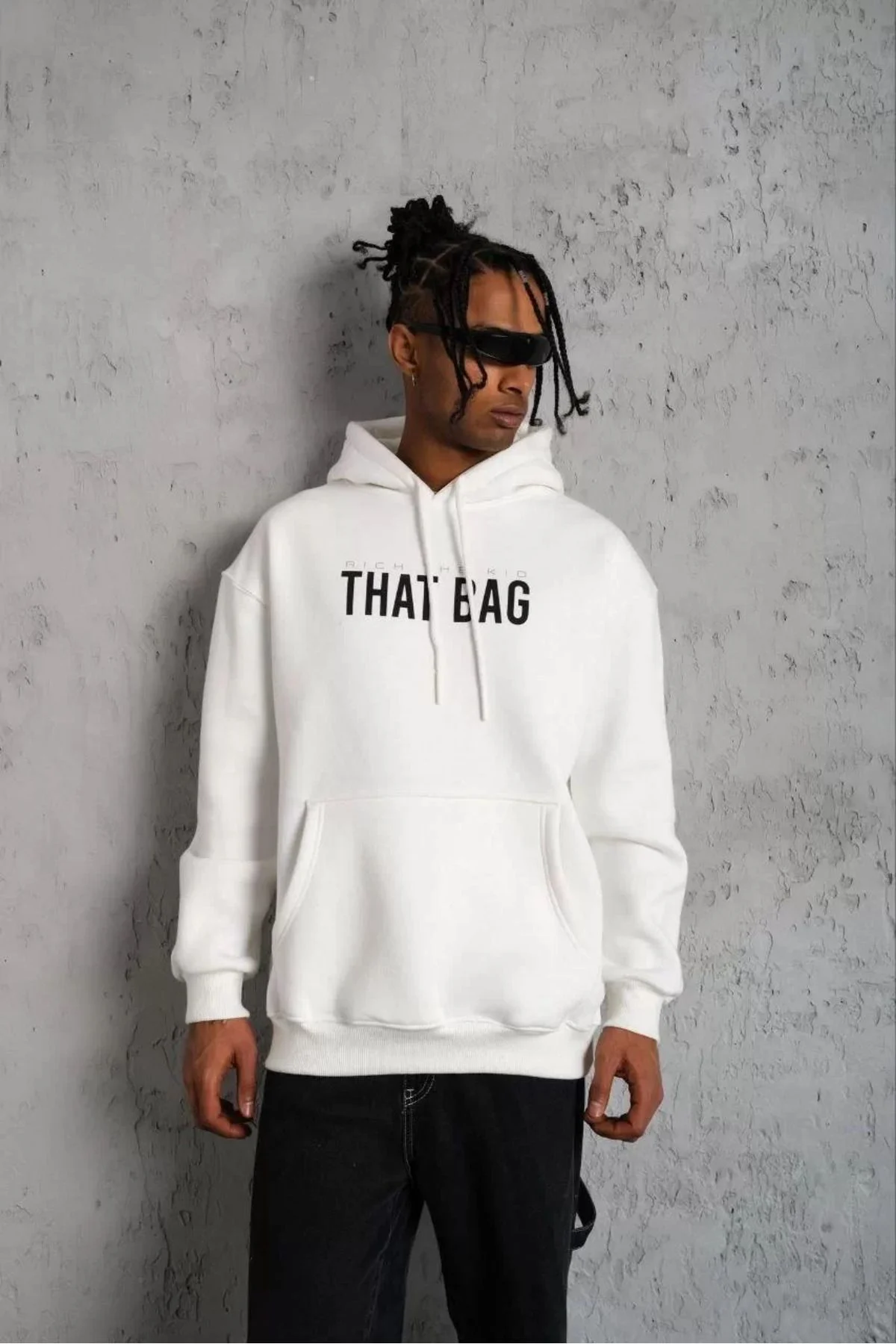 Erkek Kanguru Cep Baskılı Kapüşonlu Sweatshirt - Beyaz