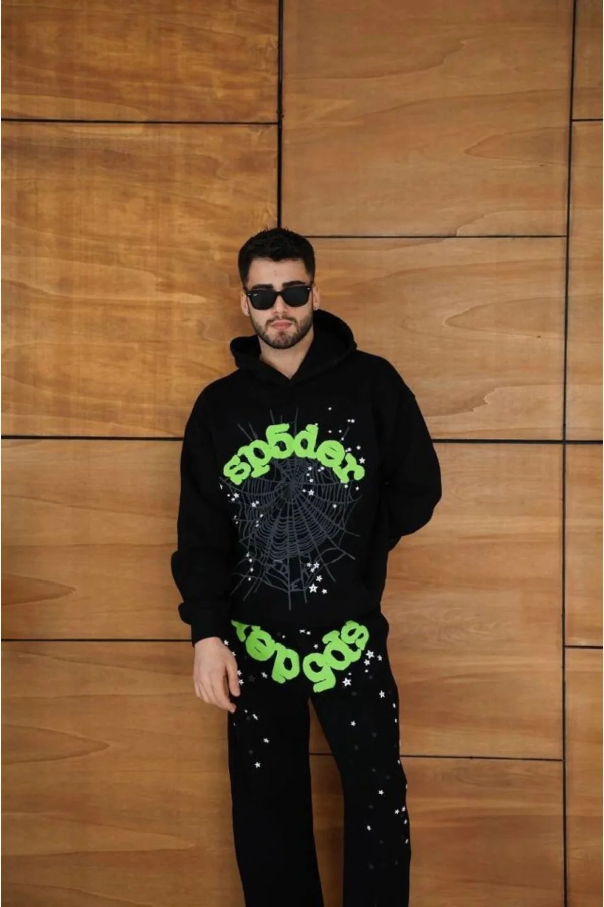 Erkek Kapüşonlu Eşofman Takım Örümcek Ağı Ve Neon Yeşil Baskılı K