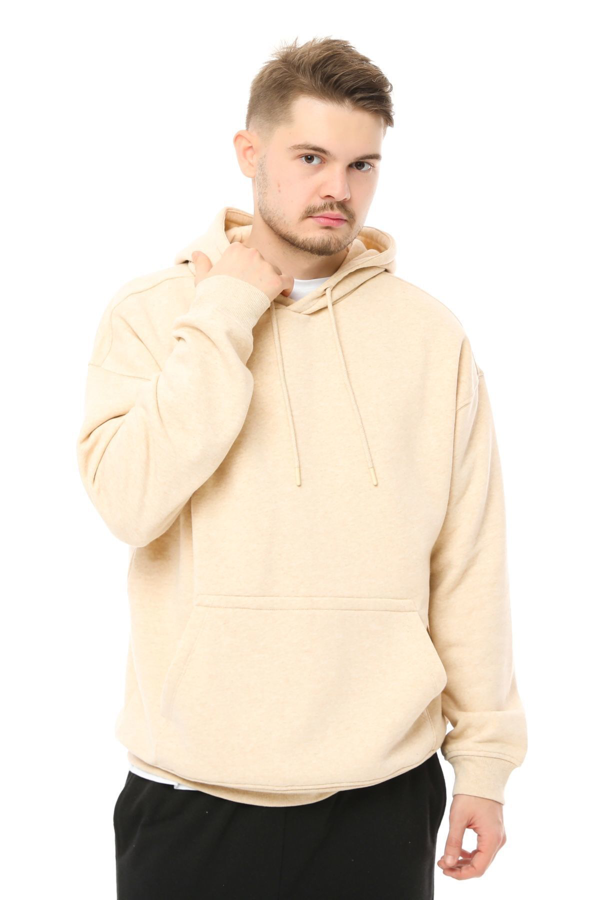 Defys Erkek Kapüşonlu Şardonlu Oversize Basic Sweatshirt Bej