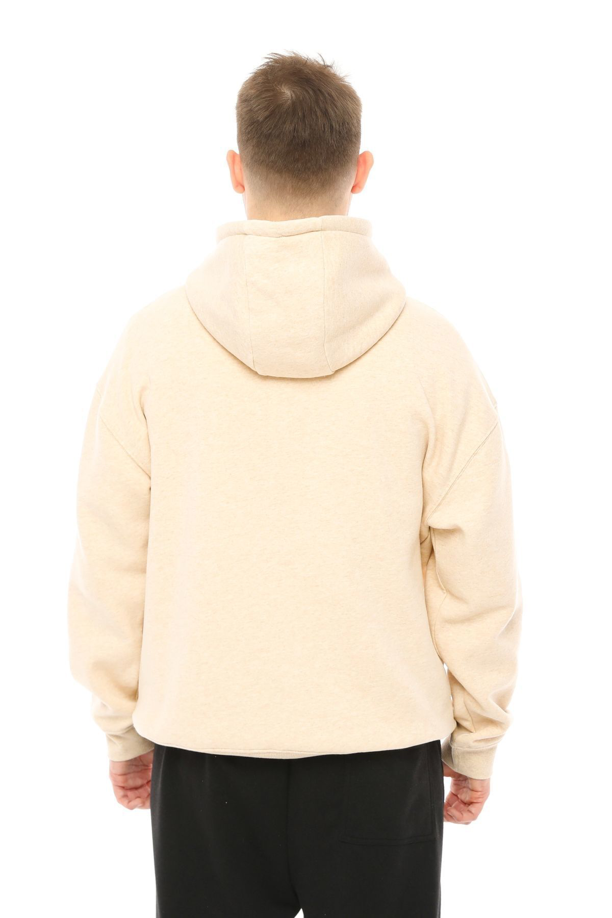 Defys Erkek Kapüşonlu Şardonlu Oversize Basic Sweatshirt Bej