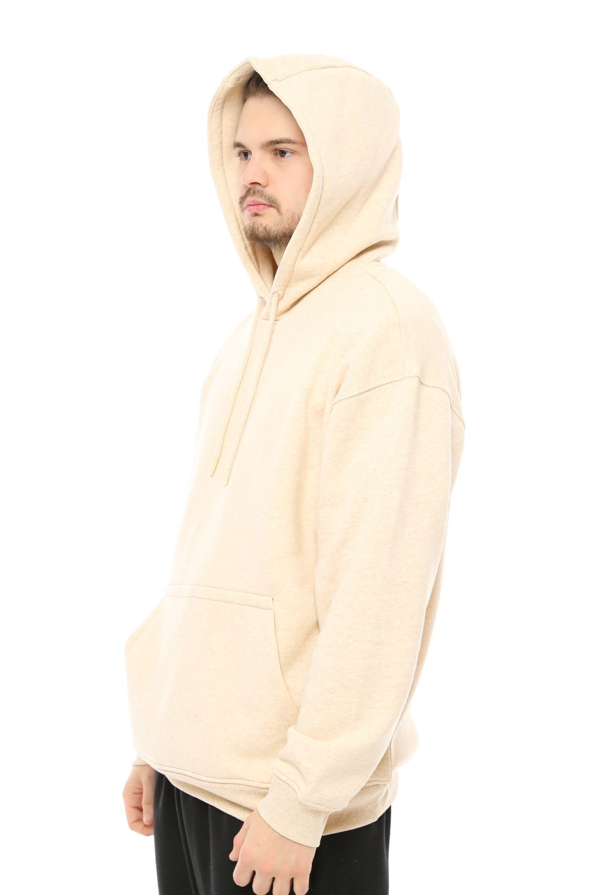 Defys Erkek Kapüşonlu Şardonlu Oversize Basic Sweatshirt Bej