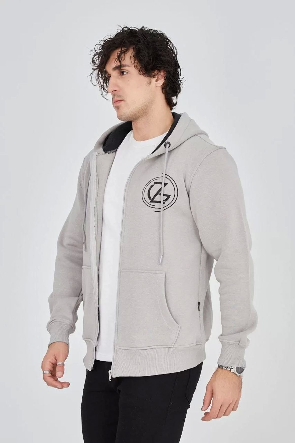 Tommy Hilfiger Erkek Kapüşonlu Baskili Fermuarli Hirka - Boyali Gri