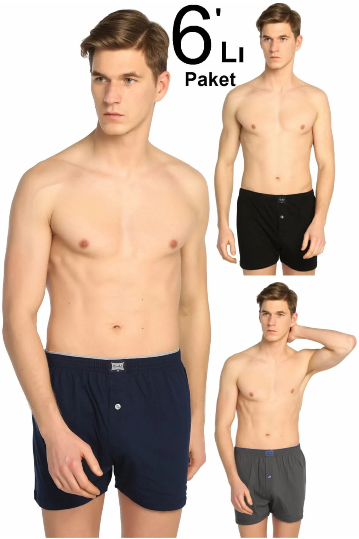 Erkek Karışık Renk 6'lı Paket Penye Düğmeli Boxer