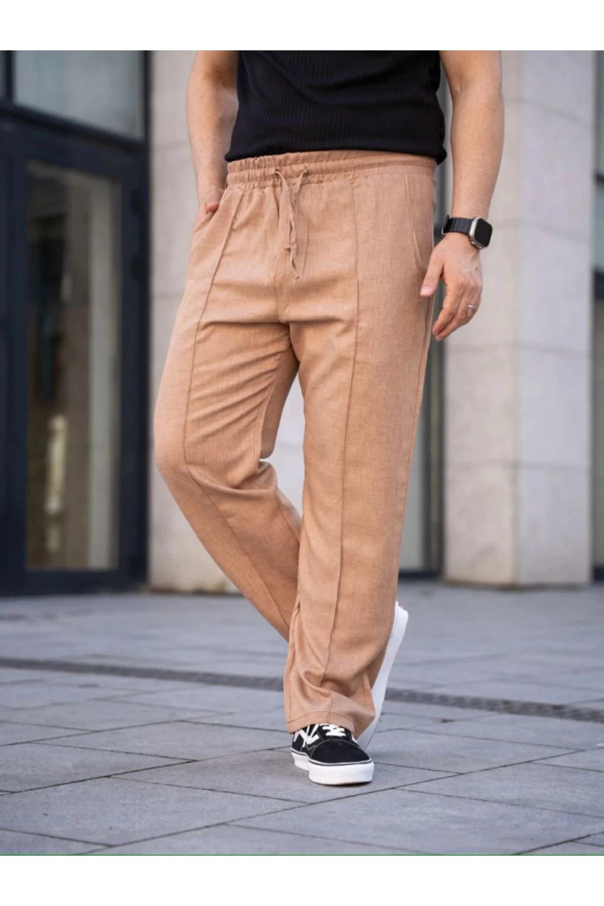 Erkek Keten Cepli Çıma Dikişli Jogger Buggy Pantalon Rahat Kalıp 