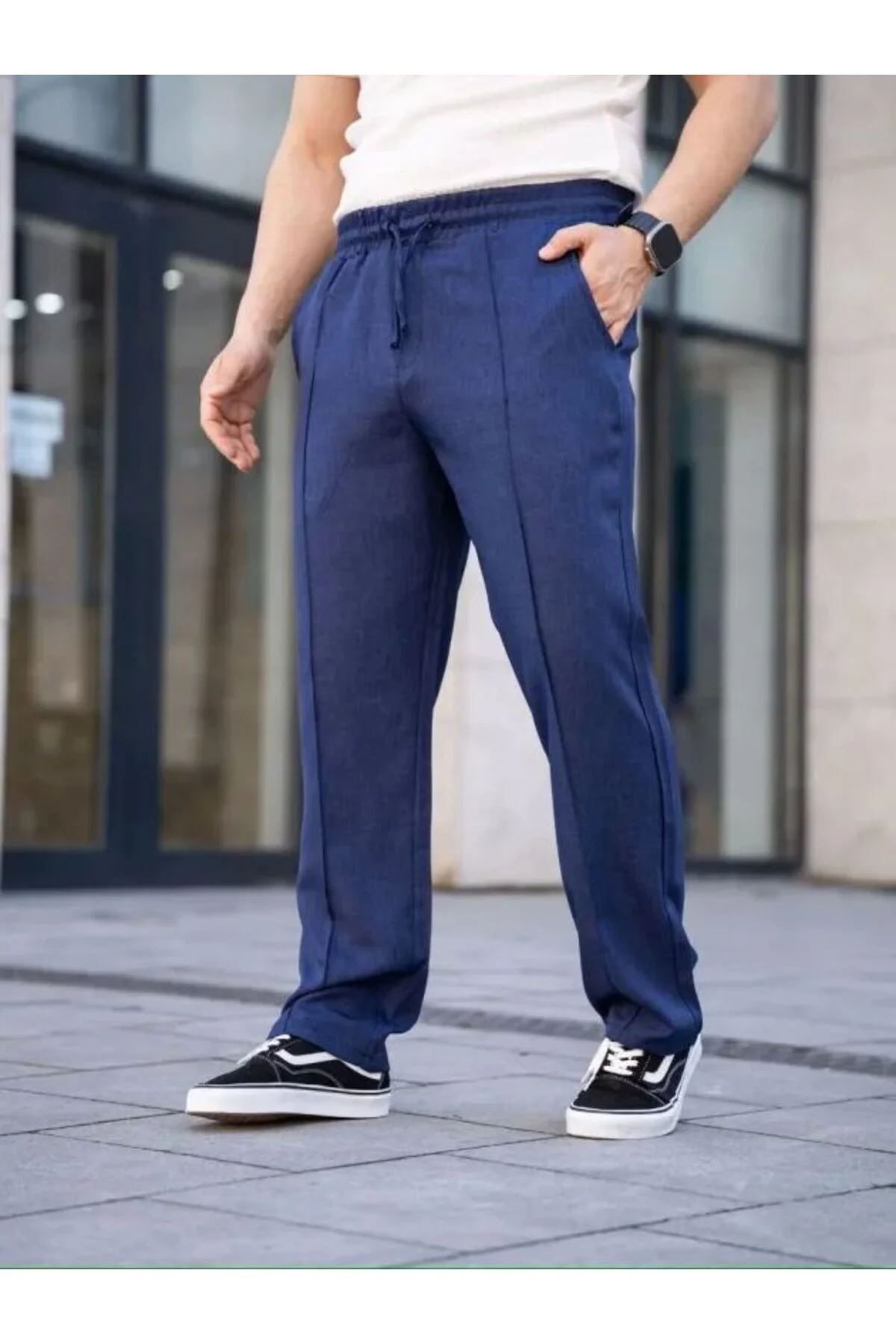 Erkek Keten Cepli Çıma Dikişli Jogger Buggy Pantalon Rahat Kalıp 