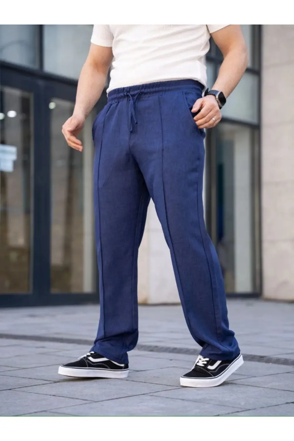 Erkek Keten Cepli Çıma Dikişli Jogger Buggy Pantalon Rahat Kalıp