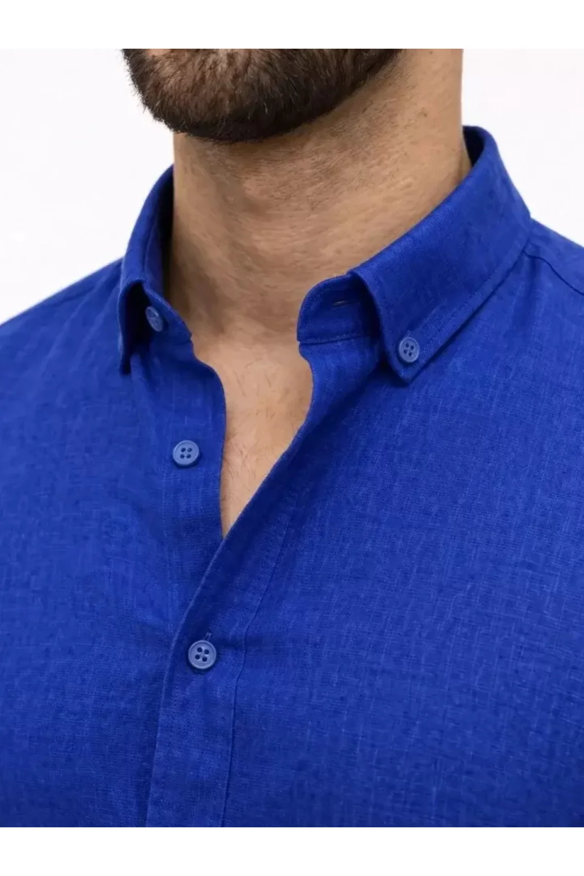 Erkek KETEN Kumaş Oversize Uzun Kollu Rahat Kalıp Gömlek - Saks M