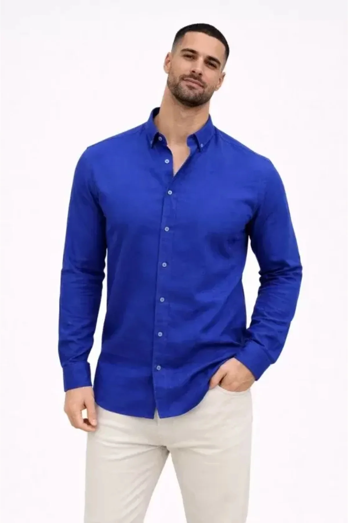 Erkek KETEN Kumaş Oversize Uzun Kollu Rahat Kalıp Gömlek - Saks M