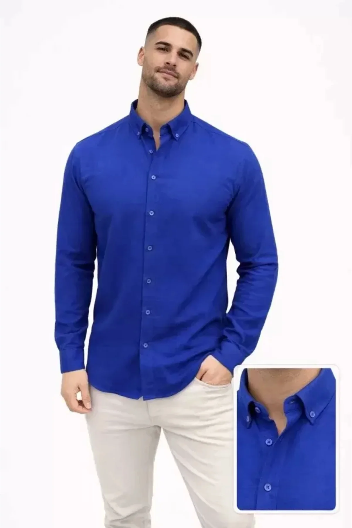 Erkek KETEN Kumaş Oversize Uzun Kollu Rahat Kalıp Gömlek - Saks M