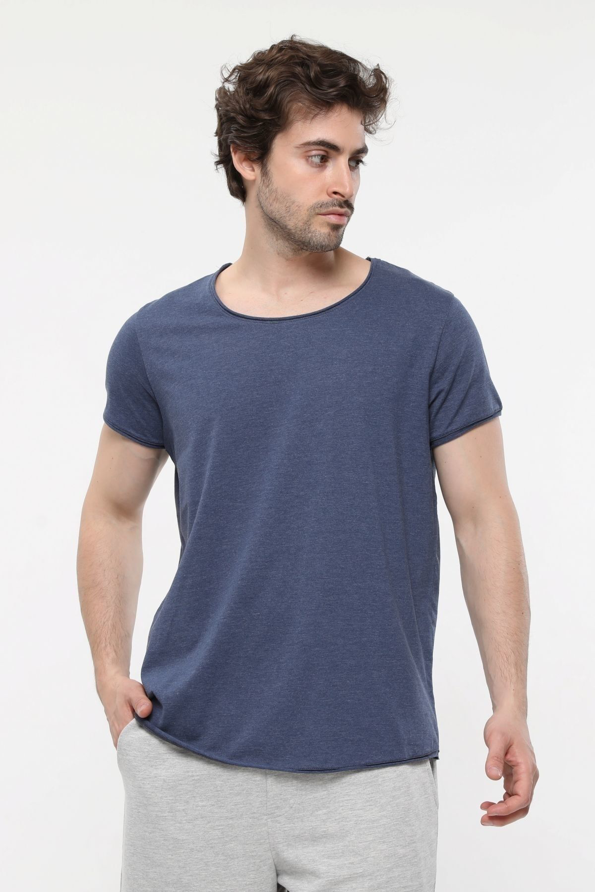 Defys Erkek Kayik Yaka Kisa Kollu Regular Fit Basic Tişört Mavi Melanj