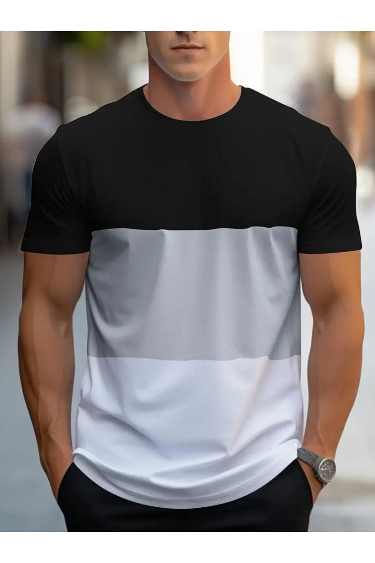 Erkek Kısa Kollu Bisiklet Yaka çok Renkli Viskon Bluz