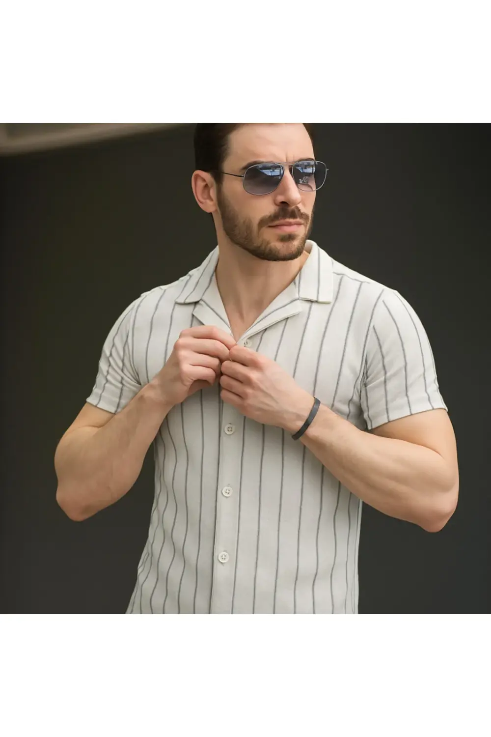 Erkek Kısa Kollu Gri çizgi Desenli örme Kumaş Pamuklu Gömlek