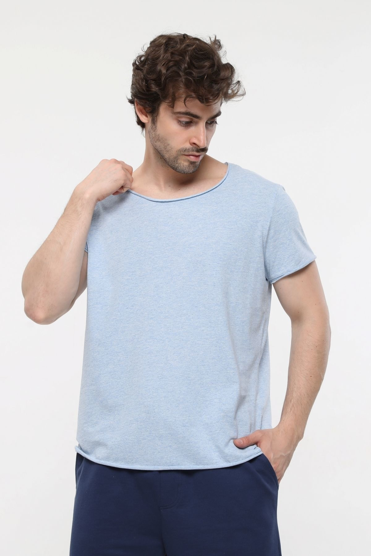 Defys Erkek Kayik Yaka Kisa Kollu Regular Fit Basic Tişört Mavi Melanj