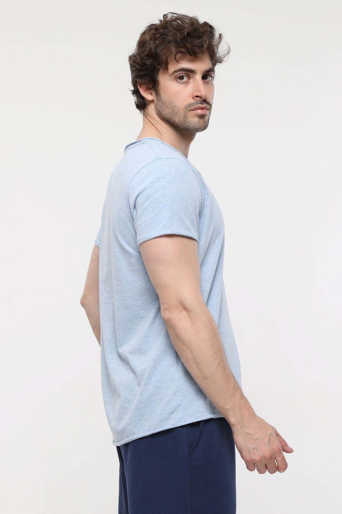 Defys Erkek Kayik Yaka Kisa Kollu Regular Fit Basic Tişört Mavi Melanj