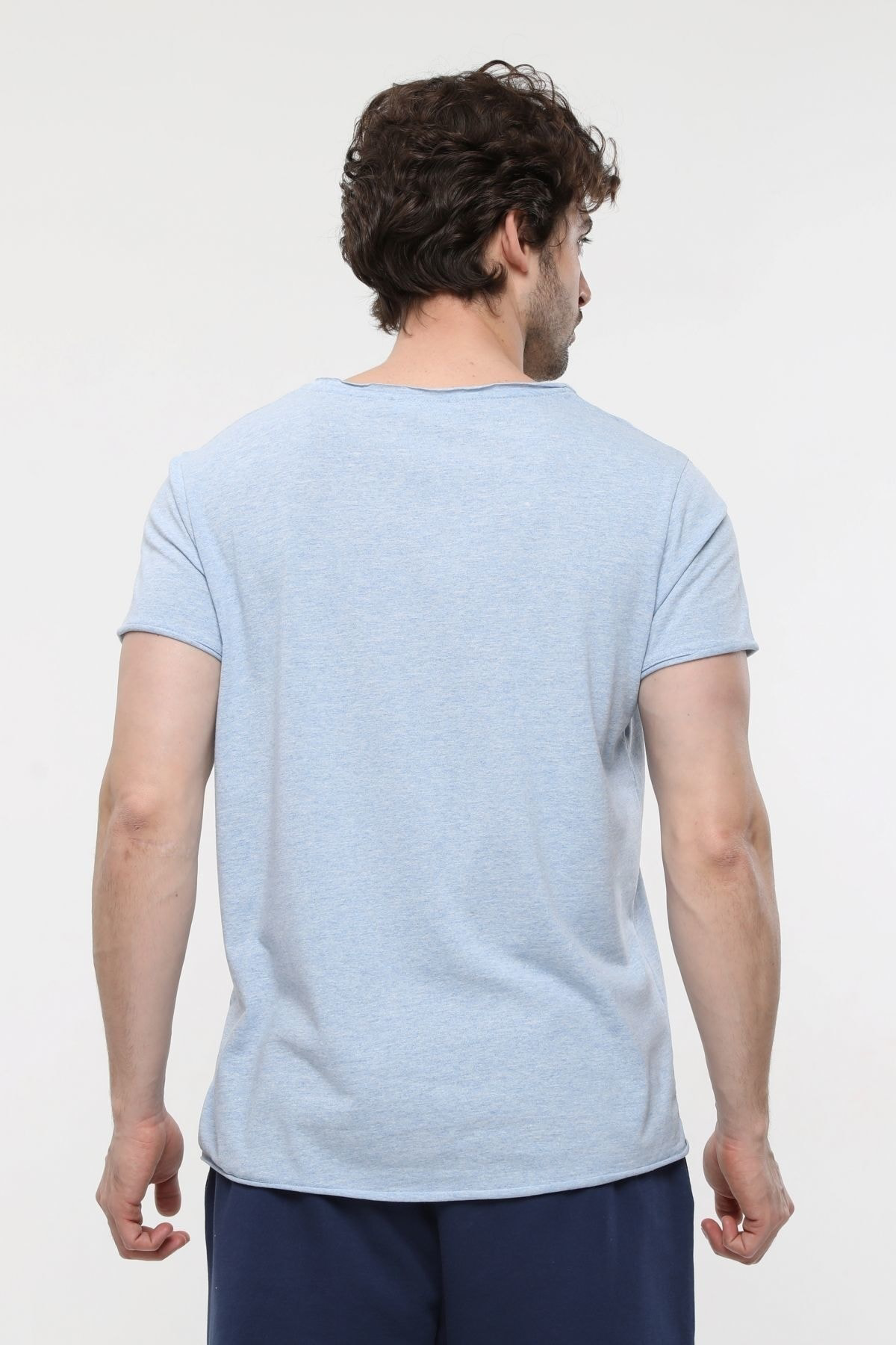 Defys Erkek Kayik Yaka Kisa Kollu Regular Fit Basic Tişört Mavi Melanj