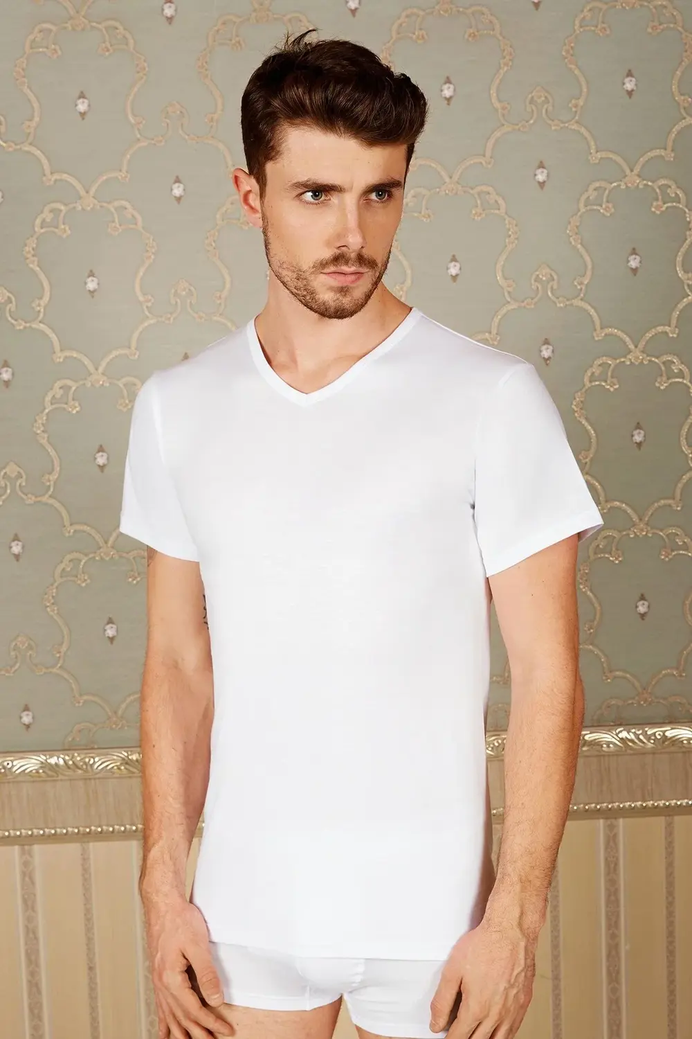 Erkek Kısa Kollu V-yaka Pamuklu Nefes Alan Koton Kumaş Basic Fani